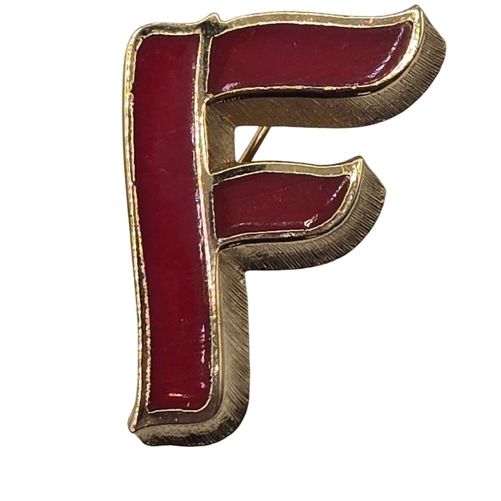 Vtg Lisner Initial Letter "F" Brooch Red Enamel Script Monogram Pin Lapel Gift‎